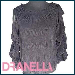 DRANELLA Black Metallic Semi-Sheer Shirring Elastic Boho Blouse Top (S)